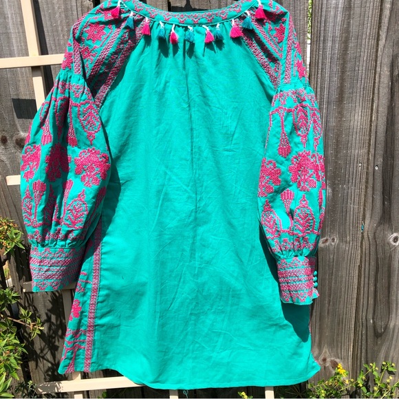 🛍️ Bohemian Green Lantern Sleeve Embroidered Tassels Tunic Dress M - Picture 7 of 10